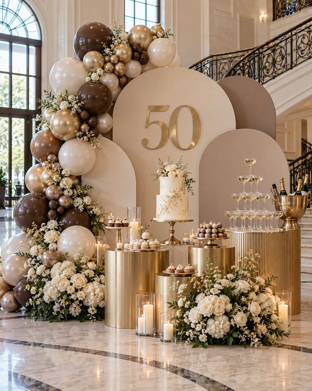 50th birthday backdrop with brown, gold and ivory balloons, a two-tier cake and a champagne tower
