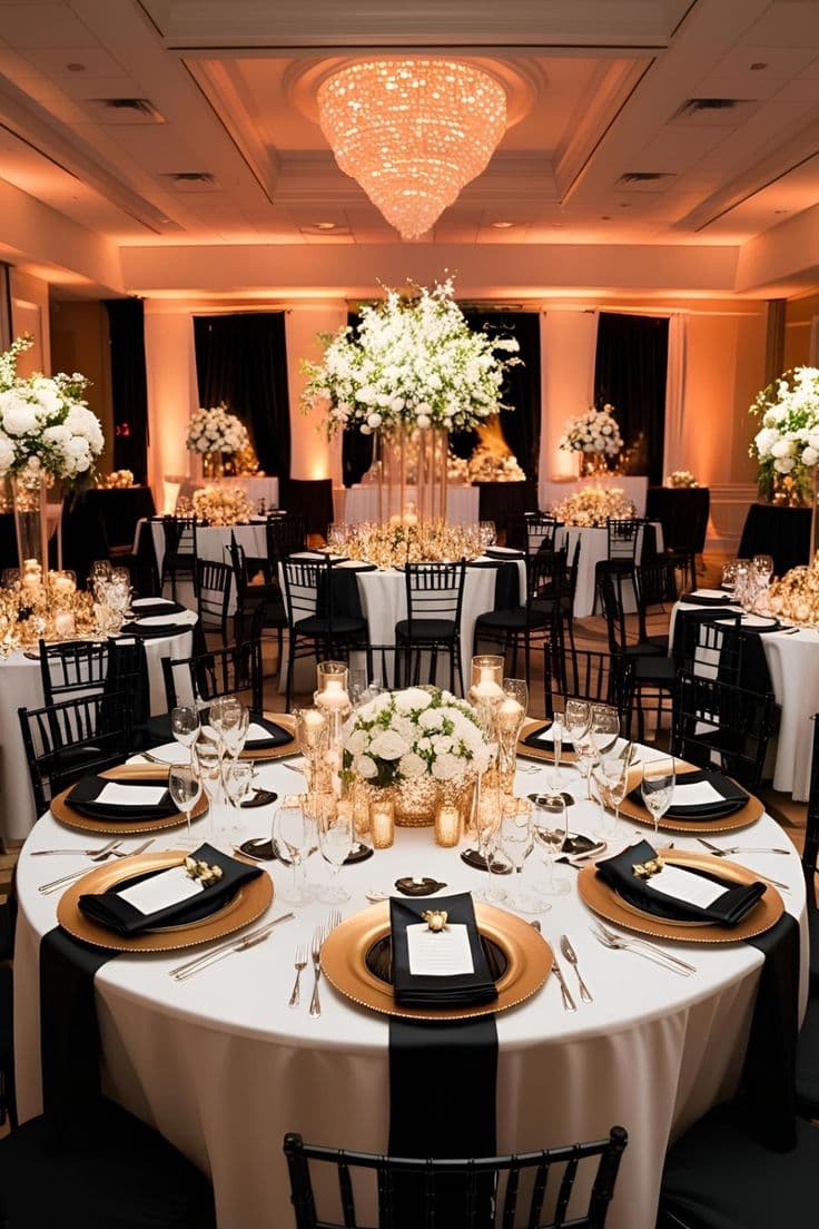 Black and gold gala dinner table under a crystal chandelier