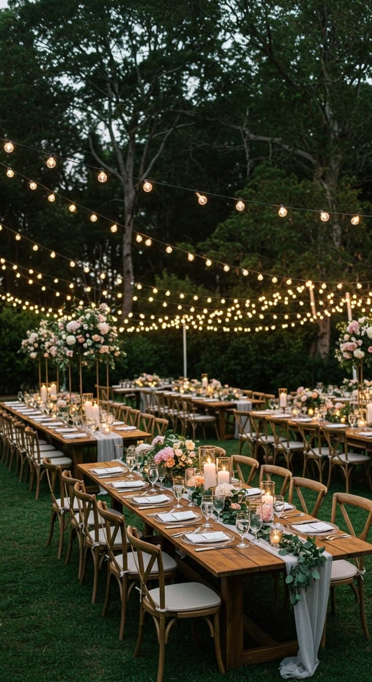 Long wooden tables set for an outdoor dinner under festoon lights