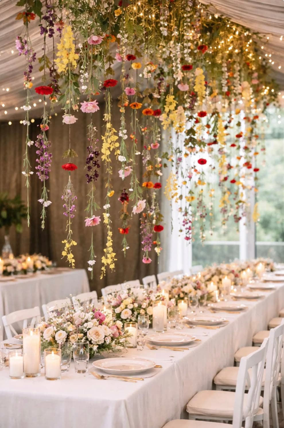 Hanging flower installation above a long candlelit table
