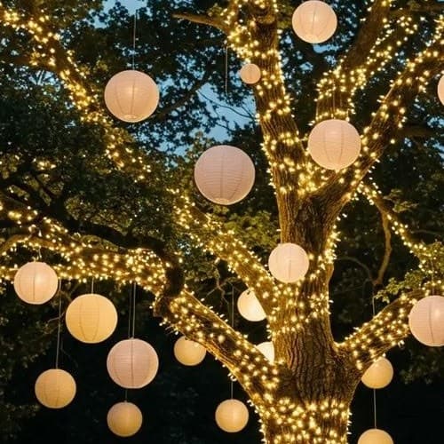 Tree wrapped in fairy lights with paper lanterns hanging from the branches