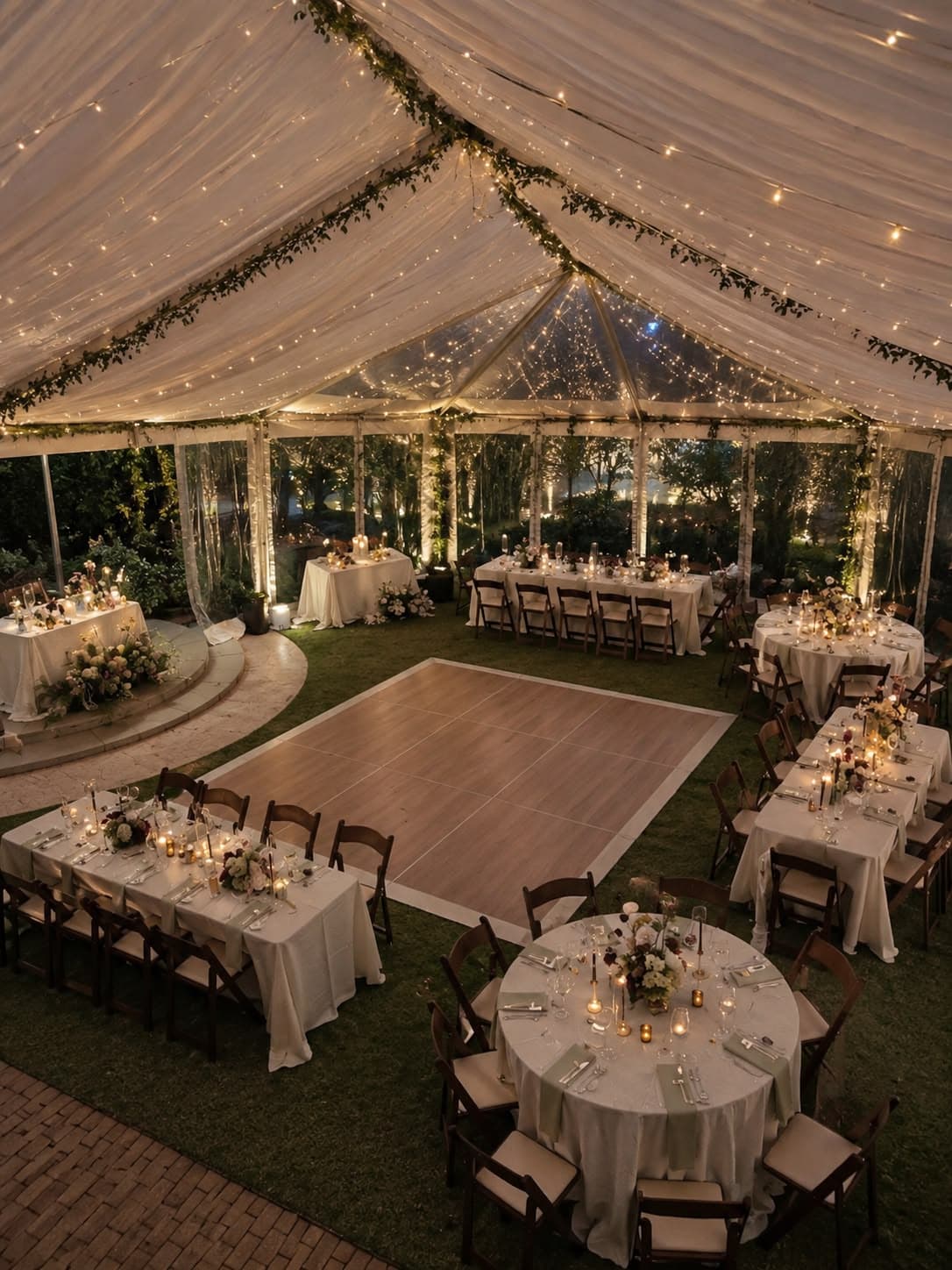 Marquee reception at night with fairy lights, a dance floor and candlelit tables